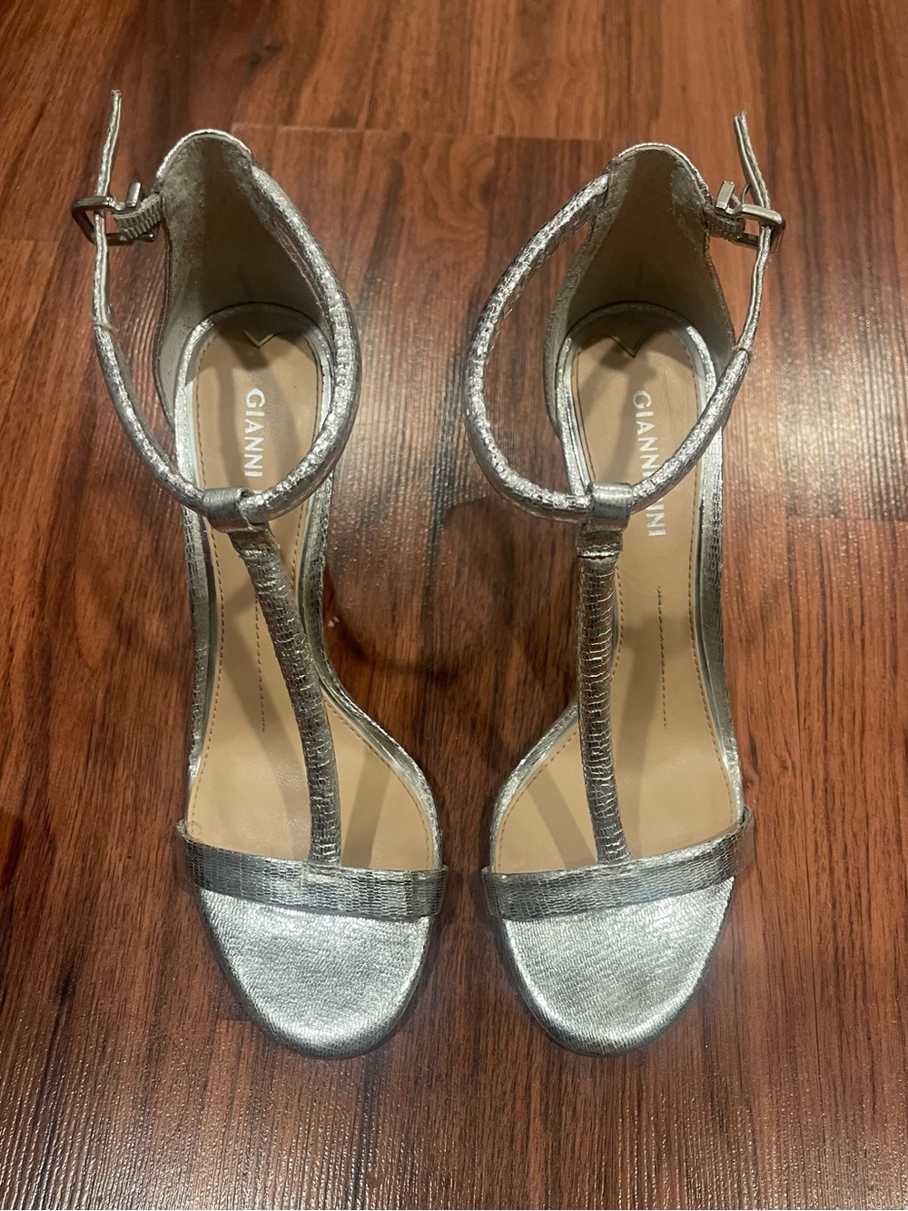 Gianni Bini Metallic Silver T-Strap Ankle Heels